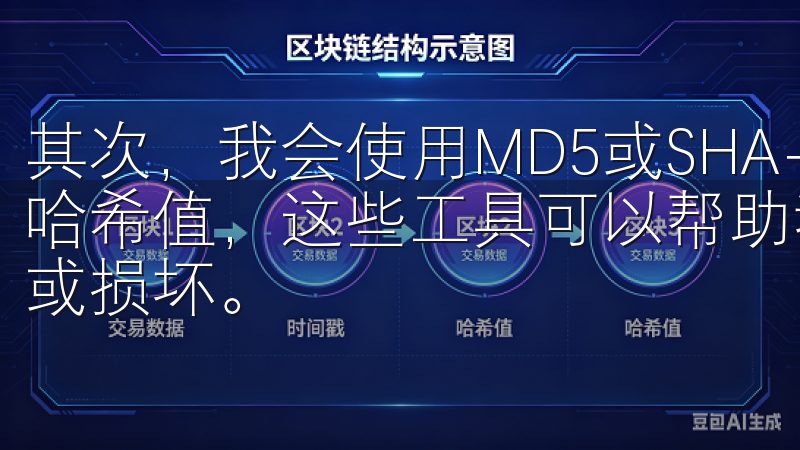 其次，我会使用MD5或SHA-256校验工具来验证文件的哈希值，这些工具可以帮助我确认文件在传输过程中没有被篡改或损坏。